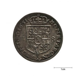 0518 Zbiory numizmatyczne St. Kadyiego; Jan Kazimierz (1651); ort koronny– rewers