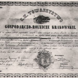 134 AF Jasło, Fotokopia pochwały dla Ignacego Łukasiewicza wydanej przez Towarzystwo Rolnicze w Krakowie 1858 r.