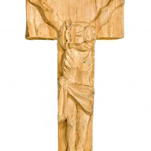 2084 Etnografia - Chrystus na krzyżu, płaskorzeźba w drewnie, autorstwa Jana Stasiowskiego z Brzezin w latach 80 -tych, wys. 43 cm, szer. 20,5 cm, gł. 5,2 cm