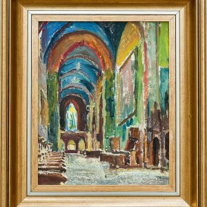 2152 AH autor Ignacy Pinkas, Kościół Franciszkanów w Krakowie nawa boczna, lata 30-te, olej dykta, 27x22 cm.