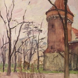 2155 AH autor Ignacy Pinkas, Wieża Pasamoników, 1934, olej dykta, 27x22,