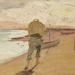 2334 AH autor Ignacy Pinkas, Rybacy niosący sieci, 1921, olej dykta, 31x67, fot