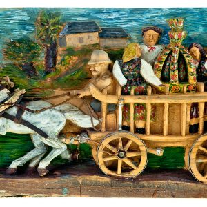 2339 Etnografia - W drodze na dożynki, płaskorzeźba w drewnie, Żurawica, Aleksander Misiak, 1980 r., wys. 35,5 cm, szer. 63,5 cm, gł. 7,5 cm