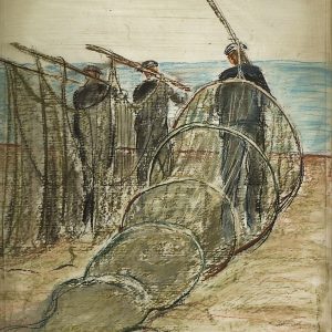 2343 AH autor Ignacy Pinkas, Rybacy niosący sieci, 1933, pastel dykta, 63x51, fot