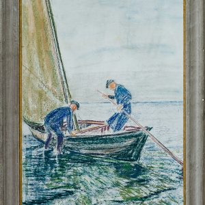 2344 AH autor Ignacy Pinkas, Rybacy przy łódce z żaglami, 1933, pastele dykta, 70x40, fot. MSz