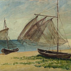 2346 AH autor Ignacy Pinkas, Łodzie na brzegu morza, 1933, olej dykta, 49x60, fot