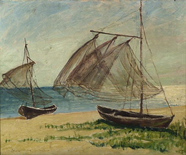 2346 AH autor Ignacy Pinkas, Łodzie na brzegu morza, 1933, olej dykta, 49x60, fot