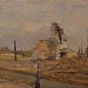 2387 AH autor Ignacy Pinkas Zgliszcza wojny, olej dykta, 34x23, fot