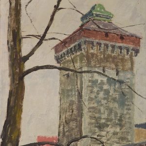 2395 AH autor Ignacy Pinkas, Baszta Bramy Floriańskiej, 1934, olej dykta, 50x40, fot