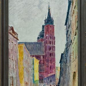 2401 AH autor Ignacy Pinkas, Ulica Floriańska w deszczu, lata 30-te, olej dykta, 69x38, fot. MSz