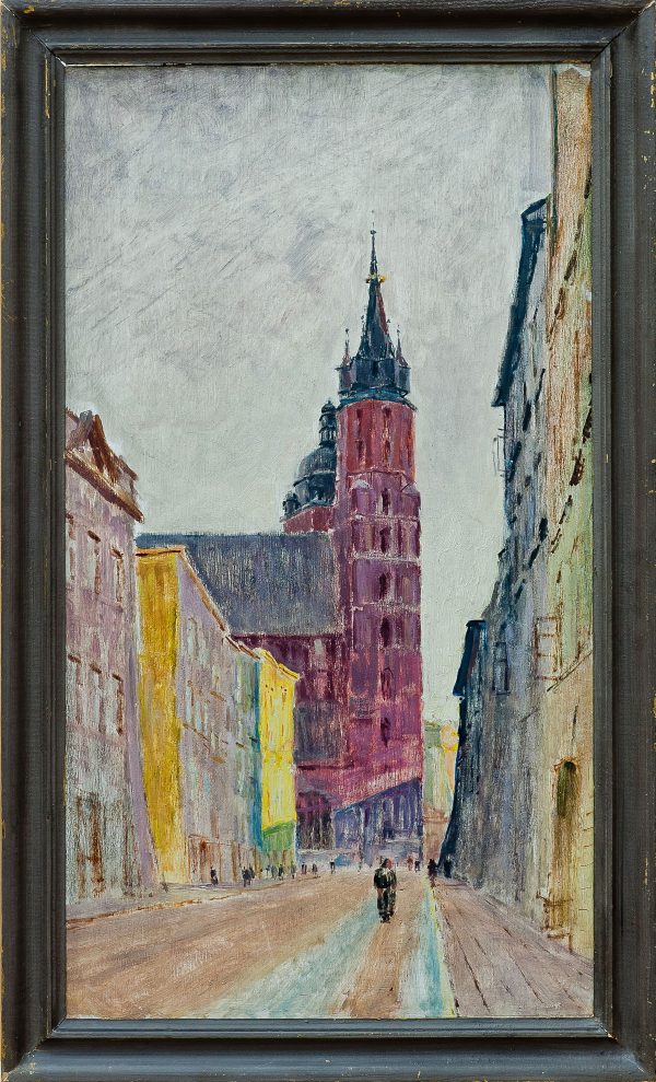 2401 AH autor Ignacy Pinkas, Ulica Floriańska w deszczu, lata 30-te, olej dykta, 69x38, fot. MSz