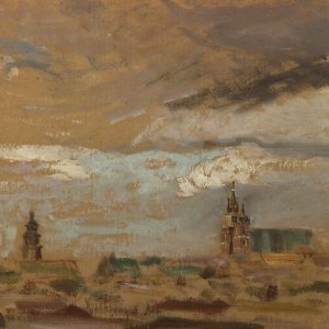 2404 AH autor Ignacy Pinkas, Widok na Kościół Mariacki ponad dachami miasta, olej dykta, 42x40, fot