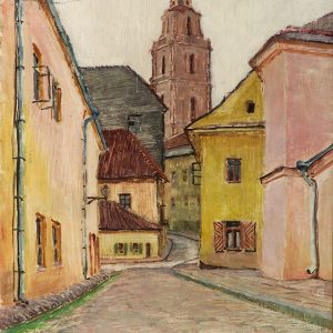 2406 AH autor Ignacy Pinkas, Uliczka w Wilnie, 1928, olej dykta, 43x34, fot