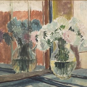 2416 AH autor Ignacy Pinkas, Kwiaty w oknie, olej sklejka, 70x60, fot