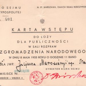 2492 AHSiD – Karta wstępu dla Juliusza Marossáy-niego, starosty jasielskiego, na salę posiedzeń Zgromadzenia Narodowego z okazji wyborów Prezydent