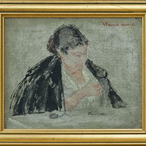 2505 AH autor Ignacy Pinkas, Portret żony artysty Mama ceruje, olej dykta, 22x27, fot. MSz