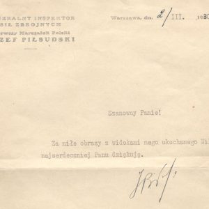 2572 AHSiD – List Generalnego Inspektora Sił Zbrojnych marszałka Józefa Piłsudskiego do malarza Ignacego Pinkasa, 1930 r.