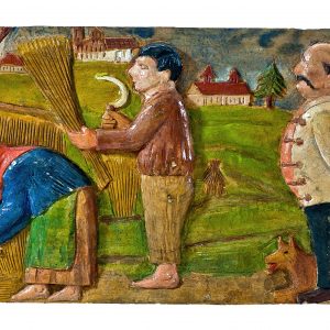 2674 Etnografia - Żniwa, płaskorzeźba, autorstwa Józefa Krupy z Błażkowej, 1980 r., wys. 24 cm, szer. 39 cm, gł. 2,7 cm -min