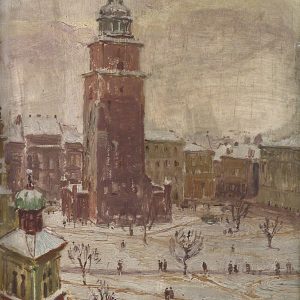 2763 AH autor Ignacy Pinkas, Rynek krakowski z Wieżą Ratuszową, olej dykta, 43x38 z ramą, fot