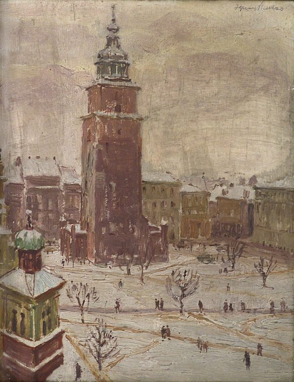 2763 AH autor Ignacy Pinkas, Rynek krakowski z Wieżą Ratuszową, olej dykta, 43x38 z ramą, fot