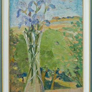 3178 AH autor Ignacy Pinkas, Irysy na tle pejzażu, olej dykta, 68x42, fot. MSz