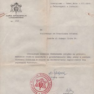 3268 AHSiD – Pismo bp. Adolfa Szelążka do ks. Franciszka Solarza, 1946 r.