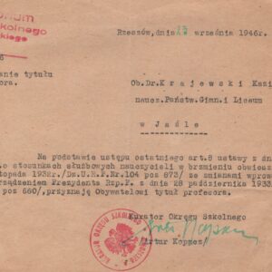 4107 AHSiD – Decyzja o nadaniu Kazimierzowi Krajewskiemu tytułu profesora, 1946 r.