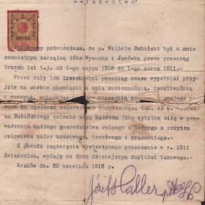 4324 AHSiD – Zaświadczenie dla Wilhelma Dubińskiego wydane przez płk. Józefa Hallera, 1916 r.