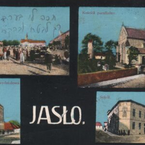 4345 AHSiD – Pocztówka cztero obrazkowa z Jasła. pocz XX w. Rynek, Fara, Szkoła żeńska wydziałowa, Sokół.