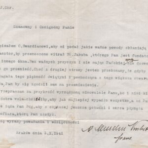 4380 – List prowincjała franciszkanów konwentualnych w sprawie przeniesienia witraża bł. Jakuba, 1941 r.