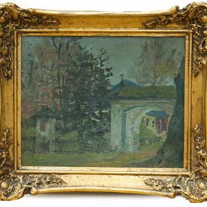 5173 AH autor Ignacy Pinkas, Wyjście z dziedzińca kościelnego, 1918, olej tektura, 21,5x27, fot. MSz