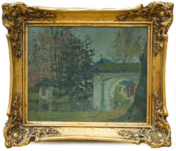 5173 AH autor Ignacy Pinkas, Wyjście z dziedzińca kościelnego, 1918, olej tektura, 21,5x27, fot. MSz
