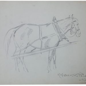 5408 AH  autor Karol Kossak, Koń przy dyszlu. 1947 r. 20x30 cm.