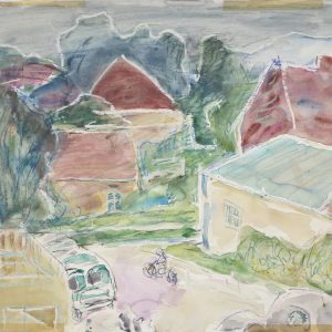 5629 AH Jan Wodyński, Miasteczko, akwarele, kredki, 37 x 50 cm