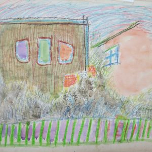 5725 AH Jan Wodyński, Ściany domów, akwarela, kredka, 47 x 63 cm.