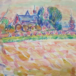 5726 A-H,  Jan Wodyński, Pejzaż z kościołem, akwarela, kredka, 35 x 48 cm.