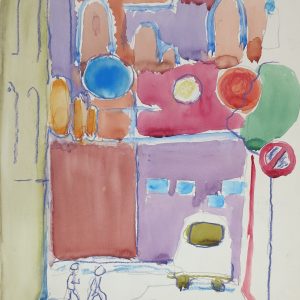 5754 AH Jan Wodyński, Na ulicy, akwarela, kredka, 51 x 36,5 cm.