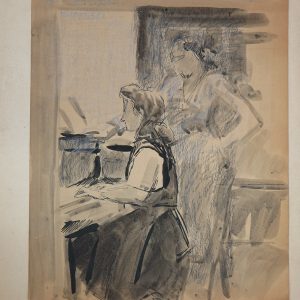 5758 AH Jan Wodyński, Lekcja muzyki, 1950 r., tusz, kredka, 35 x 29,5 cm