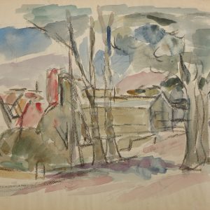 5806 AH Jan Wodyński, Pejzaż wiejski, akwarela, pastel, 29,5 x 42 cm