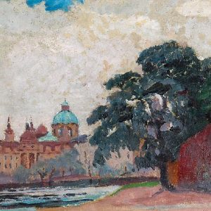 5934 AH autor Ignacy Pinkas, Widok na Pragę i Wełtawę, 1925, olej tektura, 21,5x26, fot. Rempex