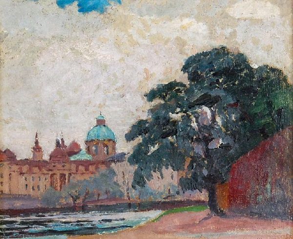 5934 AH autor Ignacy Pinkas, Widok na Pragę i Wełtawę, 1925, olej tektura, 21,5x26, fot. Rempex