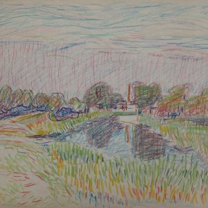 5972 AH Jan Wodyński, Pejzaż, kredki, 29,5 x 42 cm.