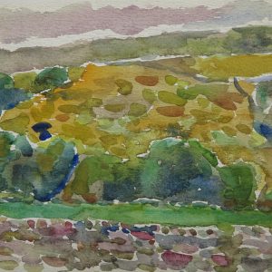 5977 AH Jan Wodyński, Pejzaż z rzeką, akwarele, 21 x 29,5 cm.