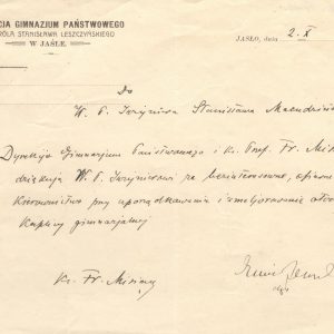 618 AHSiD – Podziękowanie dyrekcji gimnazjum jasielskiego inż. Stanisławowi Macudzińskiemu, 1933 r.