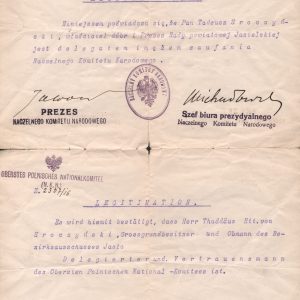 756 AHSiD – Legitymacja Naczelnego Komitetu Narodowego Tadeusza Sroczyńskiego, 1915 r.