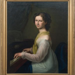 1067 A-H, Portret damy przy klawikordzie, I poł. XIXw., olej na płótnie, 90 x 76 cm