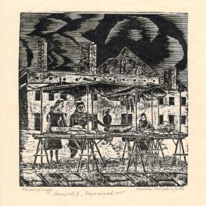 218 A-H, Stanisław Witowski z Jasła, Targ w ruinach, drzeworyt