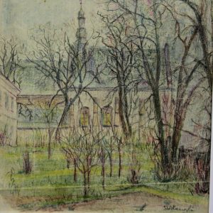 4569 A-H, Stanisław Witowski z Jasła, Kościół parafialny w Jaśle, 1942, kredki, 23 x 21,5 cm