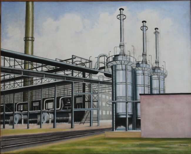 9287 A-H, Ignacy Jaromski, Rafineria nafty w Niegłowicach, olej na płótnie, 79,5 x 100 cm