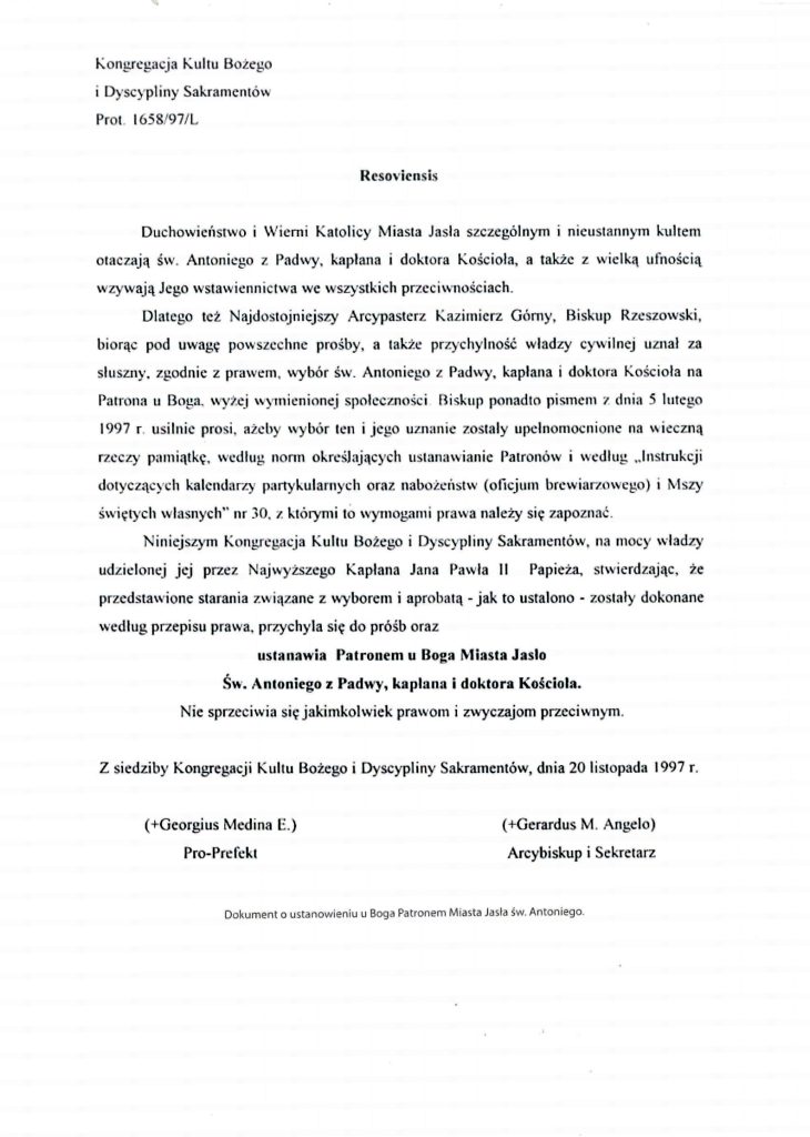 30. rocznica uchwalenia przez radę miejską jasła patronatu św. antoniego padewskiego